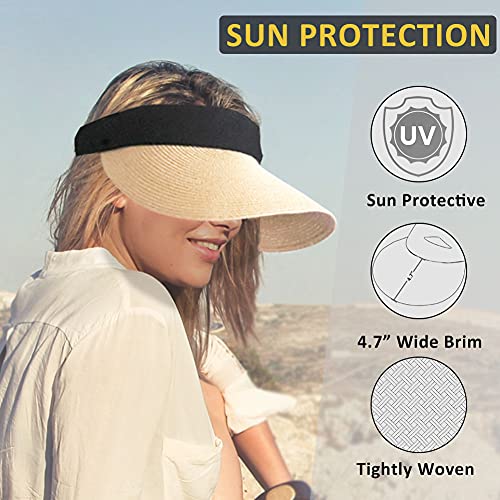 Women Straw Sun Visor Hat Wide Brim Summer UV Protection Beach Cap Foldable Packale Korean Style - color: Beige