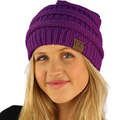 CC Classic Winter Fall Trendy Chunky Stretchy Cable Knit Beanie Hat - color: Solid Dk. Purple