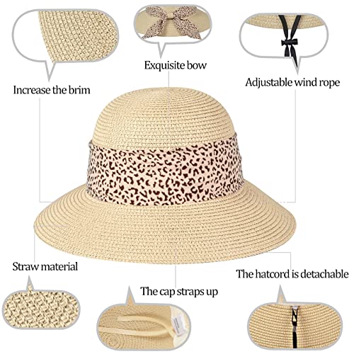 Womens Straw Sun Hat Summer Beach Wide Brim UV Protection Hats with Chin Strap Floppy Foldable Cute Bowknot UPF 50 Cap - color: Leopard Beige