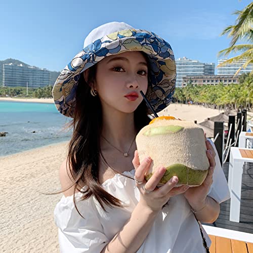 HUAMULAN Wide Brim Women Summer Sun Floppy Hat Reversible Beach Bucket Hat - color: M1744-lightblue