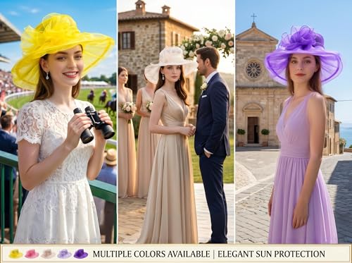 Derby Hats for Women 2026 Women's Elegant Organza Kentucky Fascinator for Church, Tea Party, Weddings Hats - color: H01-yellow