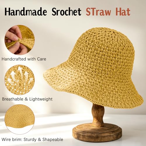 Sun Hat for Women Summer Straw Beach Hats Bucket Hat Floppy Crochet Hat - color: Yellow