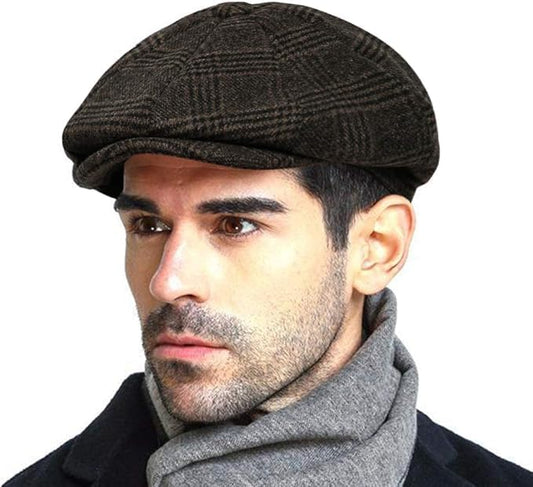Wool Tweed Newsboy Cap for Men Paperboy Warm Winter Hat Vintage Flat Ivy Cabbie Gatsby Cap - color: Coffee Plaid, size: XX-Large-3X-Large