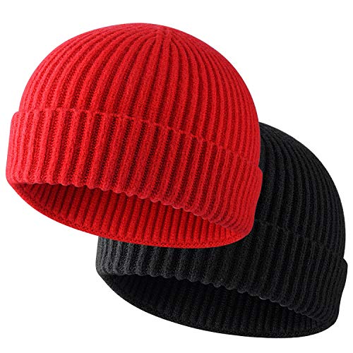 ROYBENS Wool Fisherman Beanies for Men Knit Short Watch Cap Winter Warm Hat - color: 2pcs Black+ Red