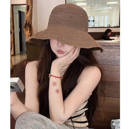 Women Straw Sun Hat Summer Beach Hats Foldable Floppy Cap Wide Brim Bucket Hat Solid Handmade Sun Protection Caps - color: Coffee