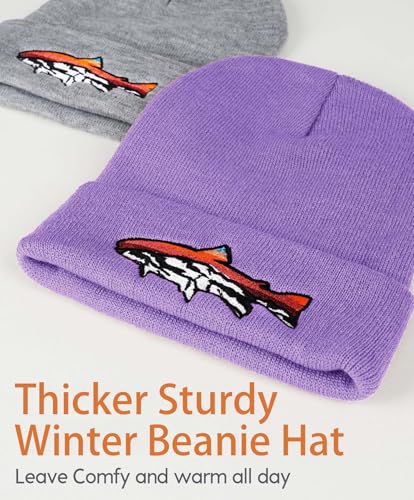 Knit Winter Beanie Hats for Men Women Cuffed Skull Cap with Mountain Embroidery Outdoor Christmas & New Year Gifts - color: Fish/Lavender