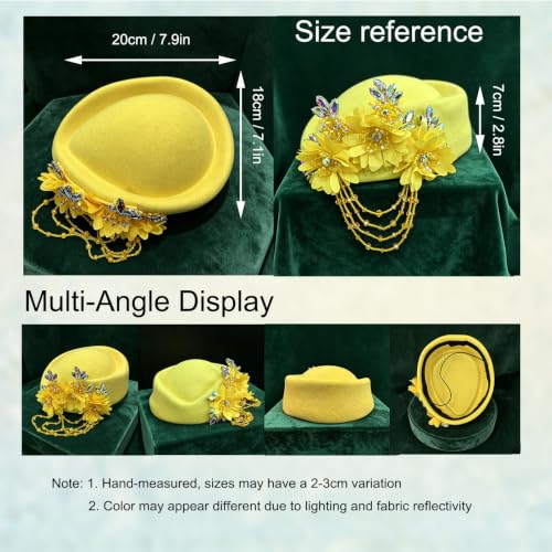 Women's Retro British Felt Headscarf Hat Church Derby Headdress with Floral Women's Soft Beret - color: 02 Lemon Yellow