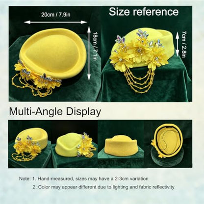 Women's Retro British Felt Headscarf Hat Church Derby Headdress with Floral Women's Soft Beret - color: 02 Lemon Yellow