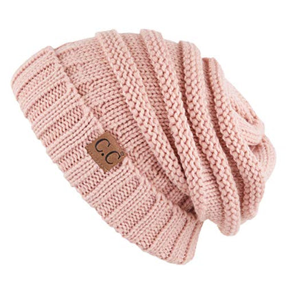 C.C Hat-100 Oversized Baggy Slouch Thick Warm Cap Hat Skully Cable Knit Beanie - color: Indi Pink Solid