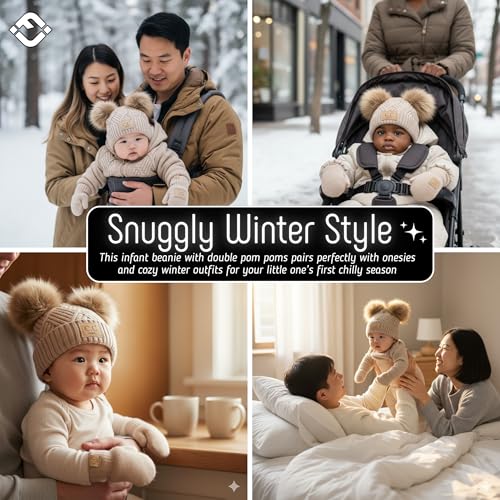 Funky Junque Baby Double Faux Fur Pom Pom Beanie & Mittens Set – Newborn Infant 0–9 Months Winter Hat with Soft Lined Mittens - color: Diagonal Basketweave: Beige (0-9 Months)