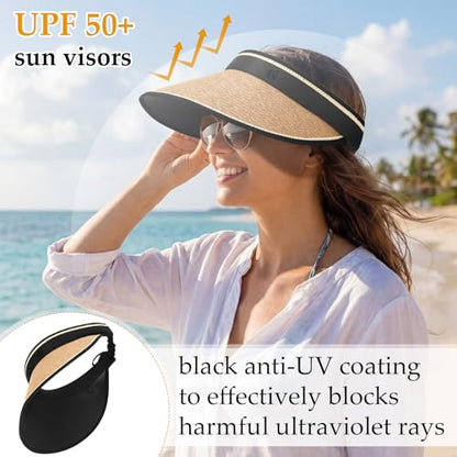12 Pack Wide Brim Sun Visor Hats for Women UPF 50+ Foldable Straw Beach Hat UV Protection for Travel, Vacation - color: Khaki