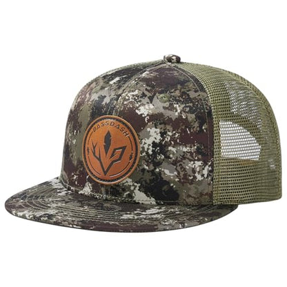 BASSDASH Flat Brim Trucker Cap Adjustable Snapback Hat Mesh Back for Men Women - color: Grunge Camo