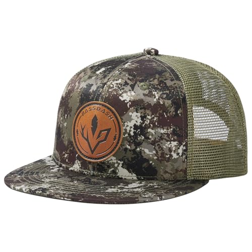 BASSDASH Flat Brim Trucker Cap Adjustable Snapback Hat Mesh Back for Men Women - color: Grunge Camo