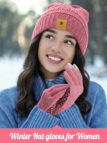 JaGely 6 Pcs Women Winter Beanie Hat Gloves Set Warm Knitted Hats and Touchscreen Gloves Lady Cold Winter Gifts for Christmas - color: Black, Grey and Pink