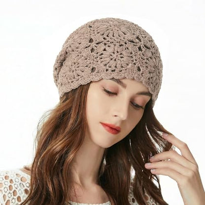 ZLYC Women Cotton Crochet Slouchy Beanie Hat Handmade Knit Summer Skull Cap - color: Solid Khaki