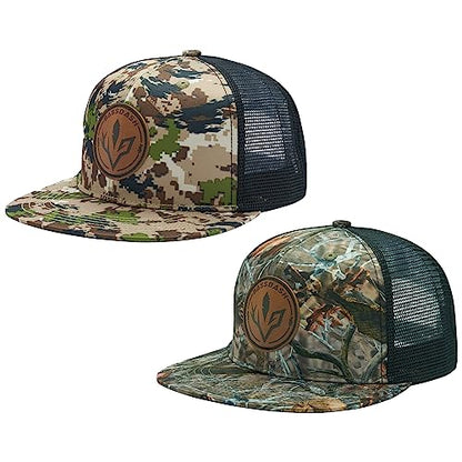 BASSDASH 2 Pack Flat Brim Trucker Cap Adjustable Snapback Hat Mesh Back for Men Women Fishing Hunting - color: Pack of 2,highland & Autumn Forest