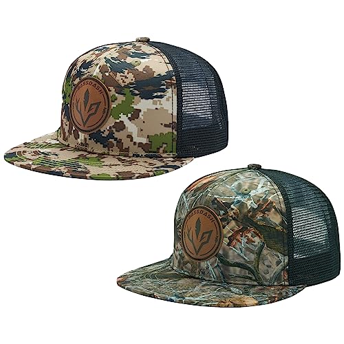 BASSDASH 2 Pack Flat Brim Trucker Cap Adjustable Snapback Hat Mesh Back for Men Women Fishing Hunting - color: Pack of 2,highland & Autumn Forest