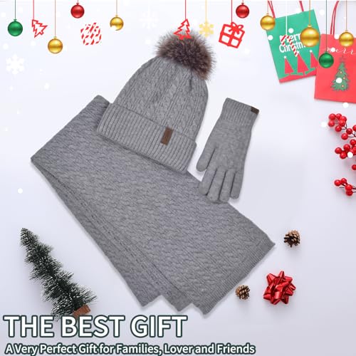 Winter Hat Scarf Gloves Set for Women, Classic Cable Beanie with Removable Pom Pom Long Scarf Touchscreen Gloves 3 in 1 Set - color: Grey