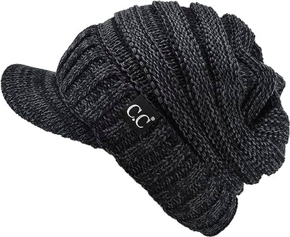 C.C Trendy Warm Oversized Chunky Soft Oversized Ribbed Slouchy Knit Hat with Visor Brim - color: Black / Charcoal