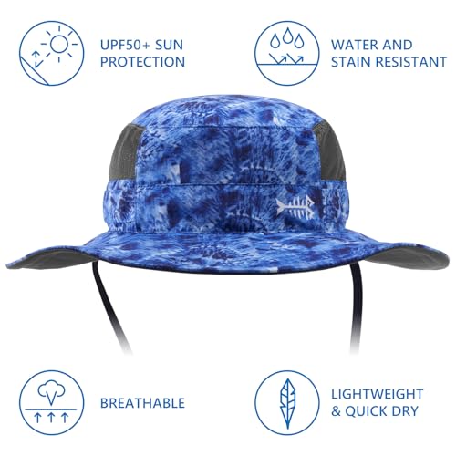 BASSDASH UPF 50+ Fishing Sun Hat Water Resistant Unisex Wide Brim Bucket Boonie Hat for Hiking Camping Safari FH15 - color: Blue Camo, size: Medium