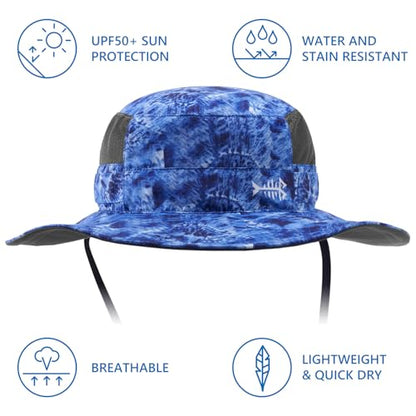 BASSDASH UPF 50+ Fishing Sun Hat Water Resistant Unisex Wide Brim Bucket Boonie Hat for Hiking Camping Safari FH15 - color: Blue Camo, size: Large