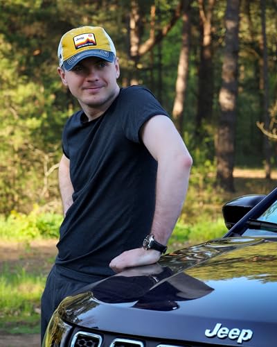 Jeep Have Fun Out There Patch Garment Washed Trucker Hat Unstructured for Men & Women - Adjustable Snapback Baseball Cap - color: Yellow