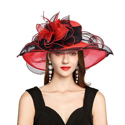 2026 Derby Hat, Classy Sun Hats for Women Ladies, Organza Feather Kentucky Fascinator for Tea Party Church UV Protection - color: 1d2867-red+black