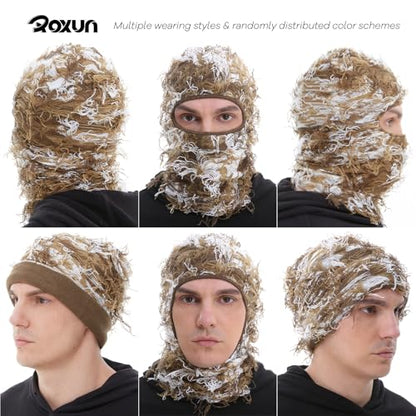 ROXUN Distressed Ski Mask Balaclava, Yeat Shiesty Fluffy Knitted Full Face - color: 01- Brown Mixed