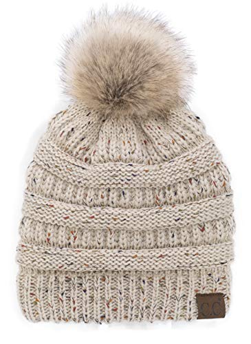 C.C Trendy Fuzzy Fleece Lined Warm Comfortable Soft Stretch Cable Knit Ribbed Faux Fur Pom Pom Beanie Hat - color: Flecked Confetti Oatmeal