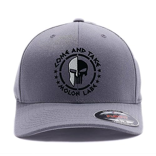 Spartan Skull Warrior Helmet Molon Labe/ΜΟΛΩΝ ΛΑΒΕ - Come and Take Embroidered Flex Fitted Baseball Hat - color: Grey, size: Small-Medium
