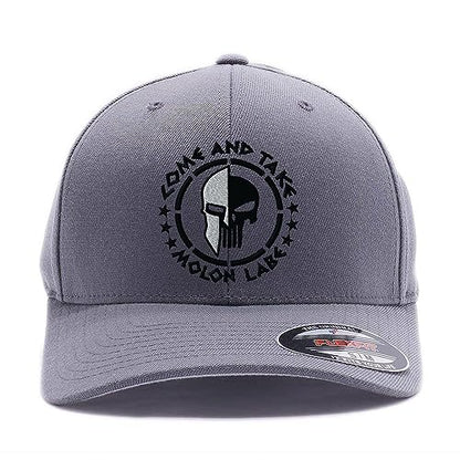 Spartan Skull Warrior Helmet Molon Labe/ΜΟΛΩΝ ΛΑΒΕ - Come and Take Embroidered Flex Fitted Baseball Hat - color: Grey, size: Small-Medium