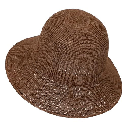 Womens Sun Hat Handmade Foldable Straw Bucket Hat Summer Crochet Travel Cap - color: Coffee, size: Small