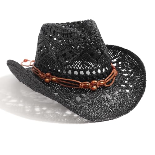 AQOKKA Straw Cowboy Hats for Women Men Western Cowgirl Hats with Shapeable Brim Woven Hollow Out Unisex Beach Roll Up Caps - color: Black Beads Cowboy Hat