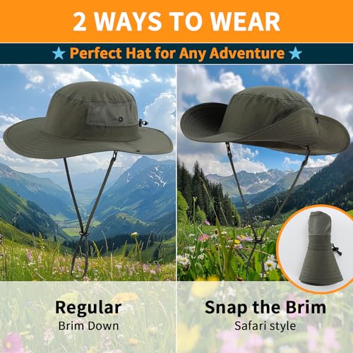 Home Prefer UPF50+ Mens Sun Hat Wide Brim Womens UV Protection Beach Bucket Hat for Fishing Hiking Snap Up Cowboy Hat - color: Army Green
