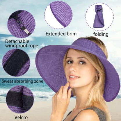Women Sun Visors Foldable Straw Hats Summer Beach Packable Hat Floppy Wide Brim Cap Deep Style, Adjustable Size - color: Purple Khaki
