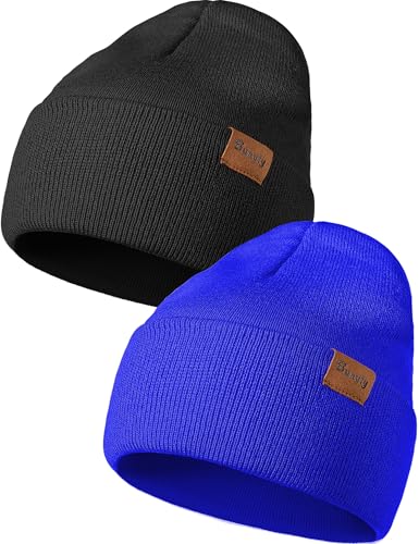 Beanie Hats for Men Women Knit Winter Hat, Warm Skull Stocking Cap, Striped Snow Hat Heated Cuffed Beanie - color: 2p-black+blue