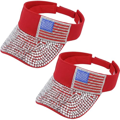 Bling Rhinestones Sun Visors Hats Golf Beach Open Top Visor Cap for Women - color: Red July 4th