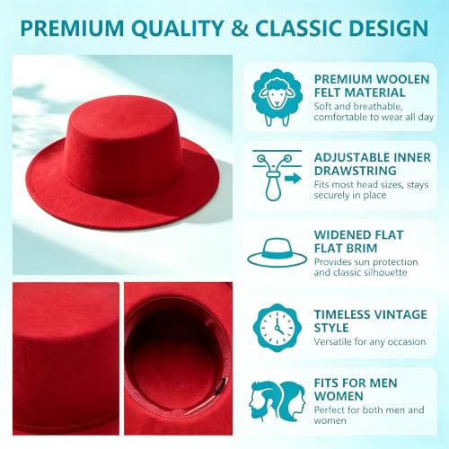 Fedora Flat Hat Classic Wide Brim Cap Panama Style Jazz Hat for Wedding Party Talent Performance Xmas Gift Unisex - color: Red