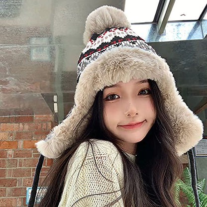 Women Winter Beanie Hat Thick Fleece Lined Warm Earflap Trapper Hat Pom Pom Jacquard Knited Outdoor Ski Snow Cap - color: Black