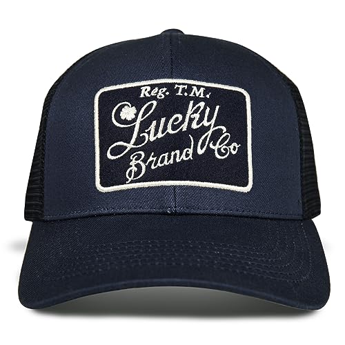 Lucky Brand Trucker Hat | Snapback | Adjustable | Mesh Back | Retro | Baseball Cap | Golf | Fishing | American Heritage - color: Embroidered Patch - Navy