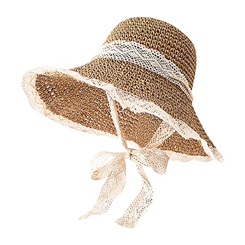 Women Wide Brim Straw Sun Hat Floppy Beach Cap UV Protection Crochet Bucket Hat Packable Summer Travel Hat with Lace Brim - color: Khaki