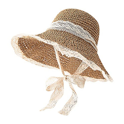 Women Wide Brim Straw Sun Hat Floppy Beach Cap UV Protection Crochet Bucket Hat Packable Summer Travel Hat with Lace Brim - color: Khaki