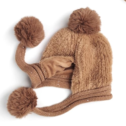 HUAMULAN Women Winter Sherpa Knit Beanie Hats with Pom Poms Ear Flaps - color: Xz3123-kase