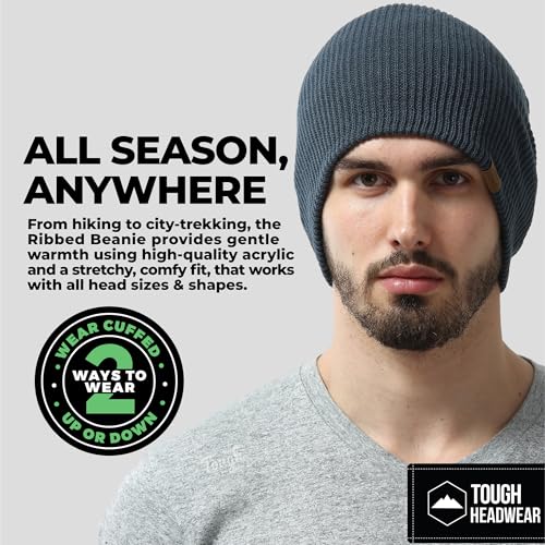 Tough Headwear Ribbed Beanie Hat - Stretch Fit Beanie for Women - Knit Winter Hats for Men - Breathable Knit Caps - color: Black + Dark Grey