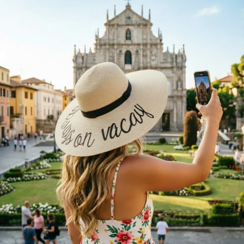 DRESHOW Big Straw Sun Hats for Women Floppy Foldable Roll up Beach Cap Sun Hat UPF 50+ Vacation Honeymoon Embroidered Hat - color: Ae Always on Vacay: Beige