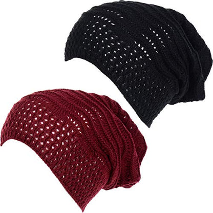 BYOS Women's Airy Cool Lightweight Cutout Long Slouchy Crochet Knit Beanie Hat - color: 2 Pack-wavy Line Burgundy & Bk
