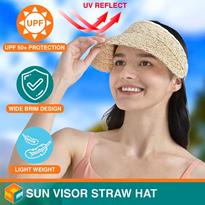 SUN CUBE Women Sun Visor Hat, Straw Beach Hat Wide Brim UV Protection, Foldable Packable Cap, Roll Up Ponytail Summer Visor - color: Brown & Cream