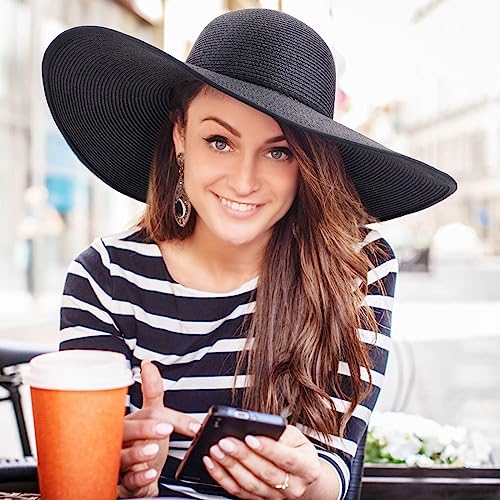 DRESHOW Big Straw Sun Hats for Women Floppy Foldable Roll up Beach Cap Sun Hat UPF 50+ Vacation Honeymoon Embroidered Hat - color: A Black 5.9" Brim, 1 Pack