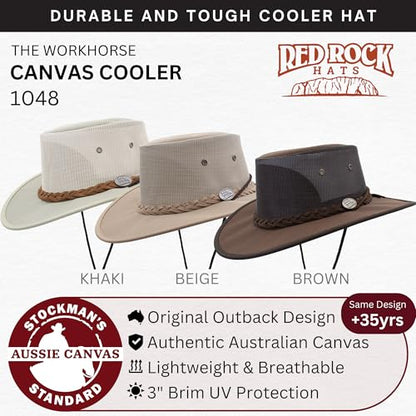 1048 Canvas Cooler - Australian Drover Sun Hat - Durable Canvas, Airflow Mesh, Lightweight, Wide Brim - color: Beige, size: Large