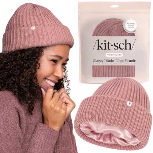 Kitsch Glazey™ Satin Lined Beanie for Men and Women – Cozy Winter & Anti Frizz Beanies for Men, Stylish Hat for All Hair Type - color: Blush